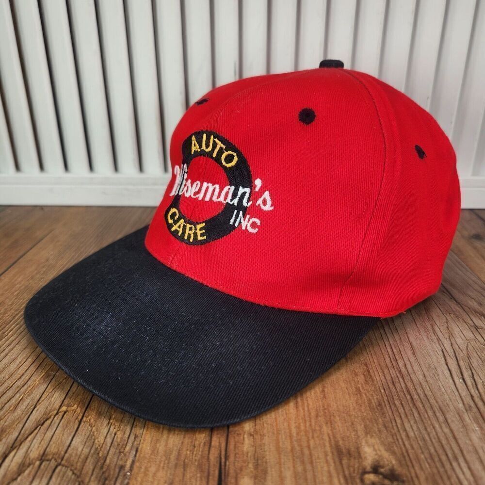 VTG Wisman's Auto Care Snapback Hat Cap Red Black Embroidered Mechanic KC Crown